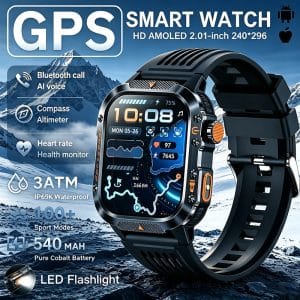 2.01" AMOLED Outdoor Smartwatch with GPS Route Tracking, 540mAh Battery, 3ATM Water Resistance, Compass, LED Flashlight, Bluetooth Calling and 100+ Sports Modes