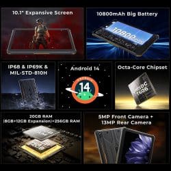 HOTWAV R10 Pro Rugged Tablet, 10.1" HD+ Display, 20GB RAM+256GB ROM, Unisoc T606 Octa-Core Processor, 10,800mAh Large Battery, 13MP Camera, Android 14 - Image 7