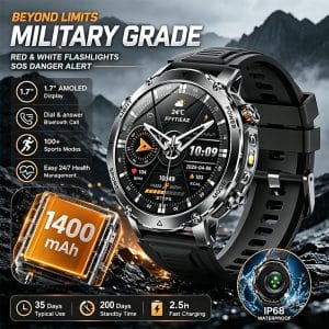Outdoor GPS Smart Watch with 1400mAh Battery, 1.7" AMOLED Display, IP68 Waterproof, Bluetooth Calling, Flashlight, Health Monitoring and Sports Tracking