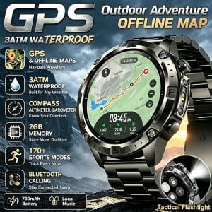 Rugged GPS Smart Watch with Offline Maps, 730mAh Battery, 1.43" AMOLED Display, Bluetooth Calling, Compass, Altimeter and Sports Tracking
