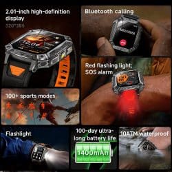 Rugged Smart Watch with 2.01" AMOLED Display, 1400mAh Battery, 10ATM Waterproof, SOS Alert, Flashlight, Bluetooth Calling and Sports Tracking - Image 2
