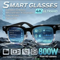 AI Smart Glasses with 8MP IMX219 Camera, 1080P Video Recording, ChatGPT GPT-4 AI Assistant, AI Photo Recognition, Real-Time Voice Translation, Bluetooth 5.3 Calling, WiFi Transfer