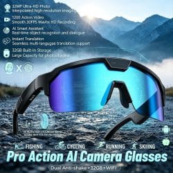 Outdoor AI Camera Glasses for Cycling & Sports, 8MP Camera, 1200P Video Recording, Anti-Shake, ChatGPT, Voice Translation, Bluetooth 5.3